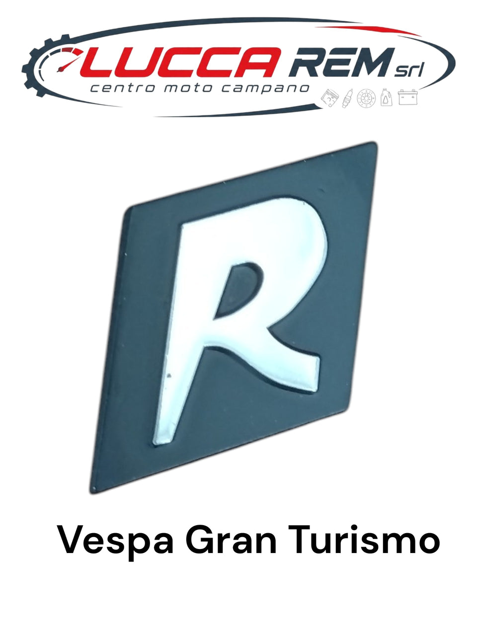 5737 Targhetta Anteriore "R" Fondo Nero Vespa Gran Turismo